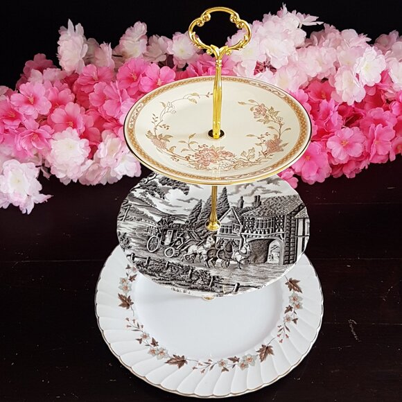 Handmade 3 Tier Cake Stand in Farmhouse Autumn Browns: Dessert Stand Gift - Picture 1 of 11